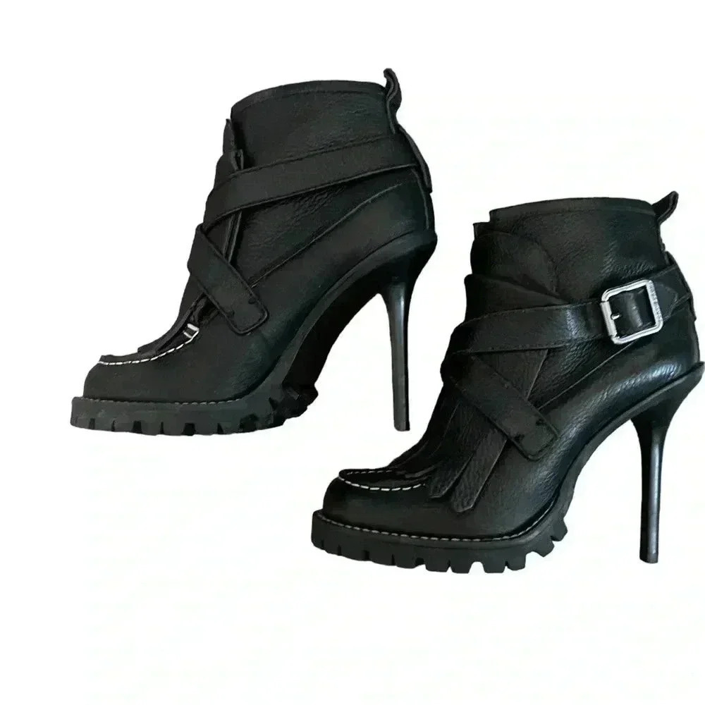 Tory Burch Black Leather Fringe Ankle Booties with Buckle - Picture 2 of 16